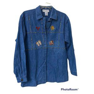 Vintage Eagles‎ Eye Embroidery Beads Indian Denim Shirt - Size M- Lightweight